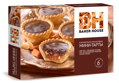 Изделия хлебобул сдобные "МИНИ-ТАРТЫ" под тов знаком "Baker House" с карамельно-арахисовой начинкой 240г*8шт