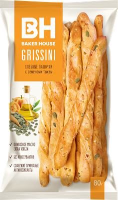 Хлебные палочки "GRISSINI" с семенами тыквы под тов знаком "Baker House" 80г*15шт