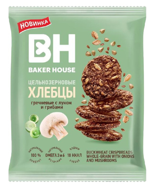 Хлебцы цельнозерновые гречневые с луком и грибами под тов знаком "Baker House" 50г*10шт