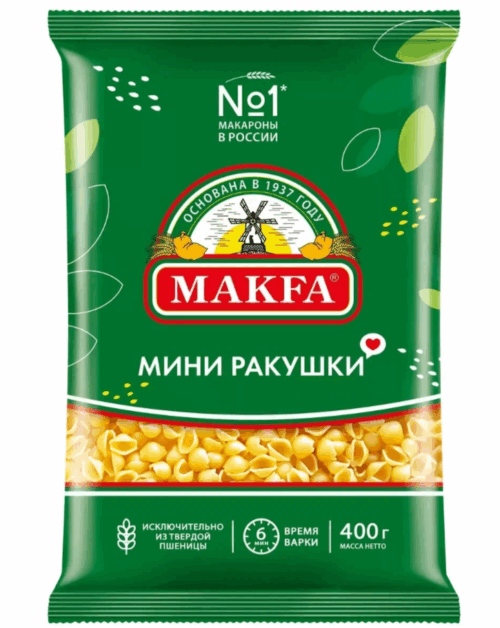 Изделия макаронные МИНИ РАКУШКИ группа А в/с 0,4х20 "MAKFA"