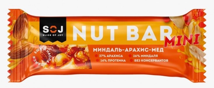 Ореховый батончик "Миндаль-арахис-мед" 30г NUT BAR mini 80 шт(4бл*20шт)
