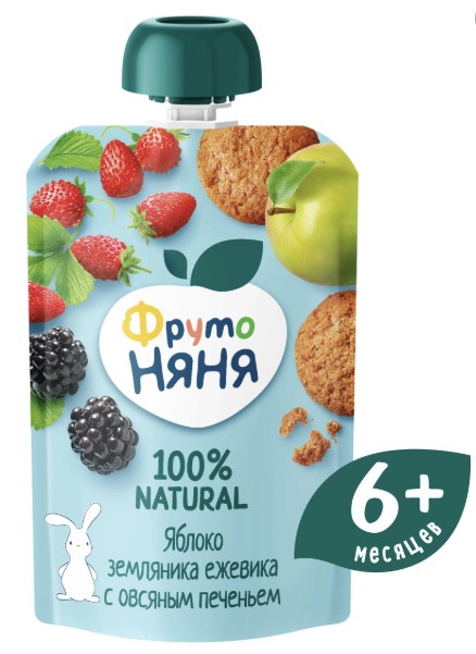 ФрутоНяня Пюре 90г. 1х12 Яблоко, земляника и ежевика с овсяным печеньем Пауч (П-225 Р-25) (255)