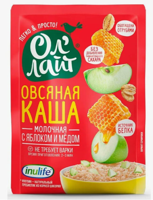 Овсяная молочная каша быстрого приготовления "Ол'Лайт" с яблоком и медом 40 г. 1кор/1шб/22шт