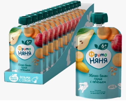 ФрутоНяня Пюре 90г. 1х12 Яблоко, банана и груша с печеньем Пауч (П-225 Р-25) (243)