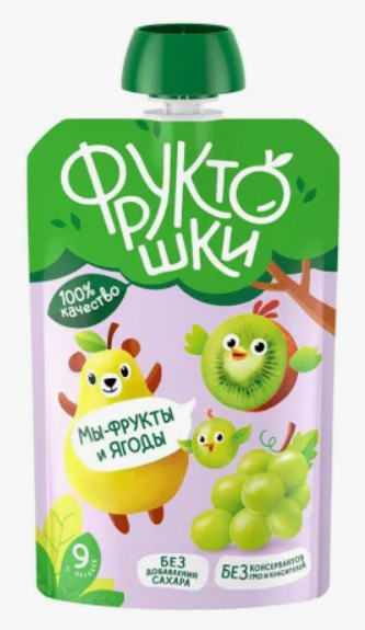 ФрутоНяня Фруктошки 90г. 1х12 яблок, груш, винограда и киви "зеленый микс" для питания детей раннего возраста(П-225 Р-25)