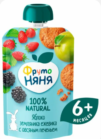Пюре "ФрутоНяня" яблоко/земляника/ежевика с овсяным печеньем 90г*12 пауч Россия (P079043/43000255)