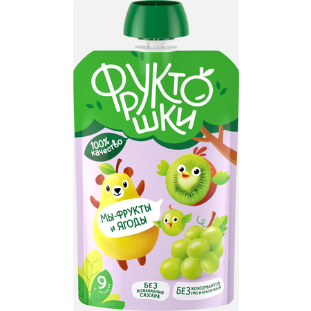 Пюре "Фруктошки" яблоко/груша/виноград/киви 90г*12 пауч Россия (43002392)