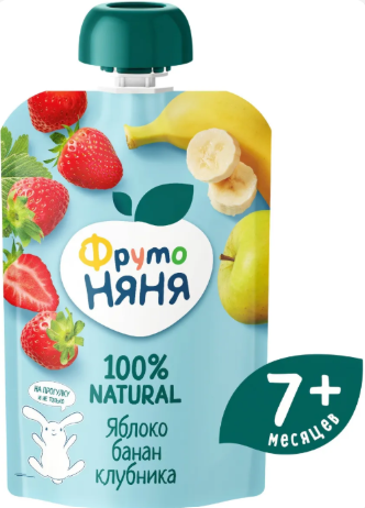Десерт "ФрутоНяня" яблоко/банан/клубника (7+) 90г*12 пауч Россия (P079007/43000517)