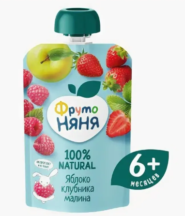 Десерт "ФрутоНяня" яблоко/клубника/малина 90г*12 пауч Россия (P079032/43000520)