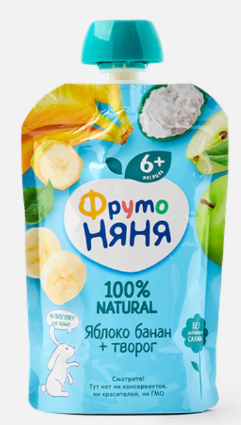 Пюре "ФрутоНяня" яблоко/банан с творогом (6+) 90г*12 пауч Россия (P079028/43000236)