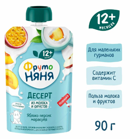 Десерт "ФрутоНяня" яблоко/персик/маракуйя с молоком 90г*12 пауч Россия (43002120)