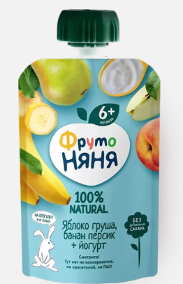 Пюре "ФрутоНяня" яблоко/груша/банан/персик с йогуртом 90г*12 пауч Россия (P079042/43000253)