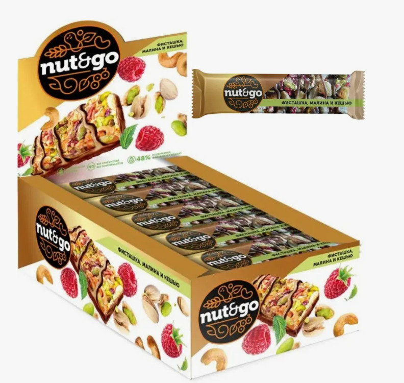 Батончик NUT&GO фисташка, кешью, малина,глазиров. 28г 1шб/24шт