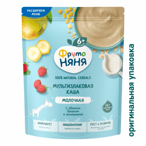 Каша мол. "ФрутоНяня" мультизл яблоко/банан/земляника 190г*6 пакет (43003034)