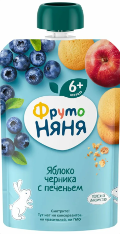 Пюре "ФрутоНяня" яблоко/черника с печеньем 90г*12 пауч Россия (43001531)
