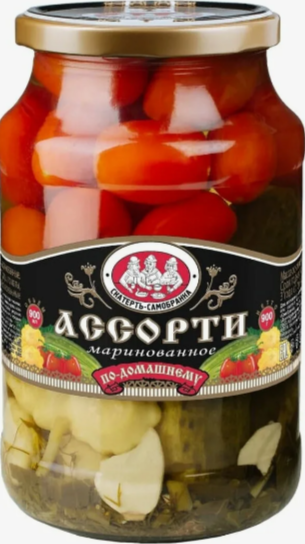 Ассорти "Скатерть-Самобранка" (огурцы+патиссоны+черри) с/б 720мл 1кор/8шт